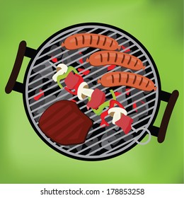 BBQ with steak, sausages and shish kebab on green background, vector illustration