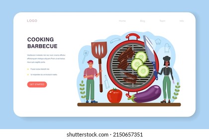 BBQ steak web banner or landing page set. Grilled meat with vegetables. Delicious barbecue with a hot sauce. Sausage, pork and beef kebab. Flat vector illustration