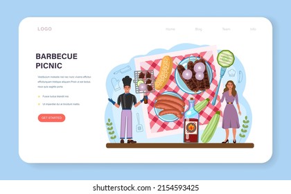BBQ steak web banner or landing page set. Grilled meat with vegetables. Delicious barbecue with a hot sauce. Sausage, pork and beef kebab. Flat vector illustration
