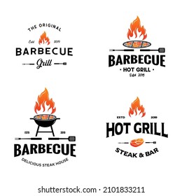 BBQ And Steakhouse Logo Set. Barbecue Emblem Vintage. Restaurant Label, Emblem, Logo. Vector Logo Template