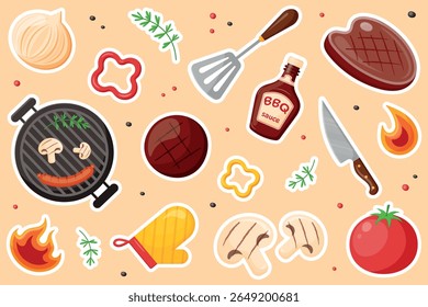 BBQ sticker collection. Grill party set. Decorations  for  cafe and restaurant theme.Grill, cooking tools,  sausage, onion, tomato, pepper, oven mitt, steak, sauce,patty,rosemary.Vector illustration. 