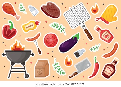 BBQ sticker collection. Grill party set.Decorations  for  cafe and restaurant theme.Grill, cooking tools,  steak, eggplant, tomato, pepper, oven mitt, steak, sauce,patty,rosemary.Vector illustration. 