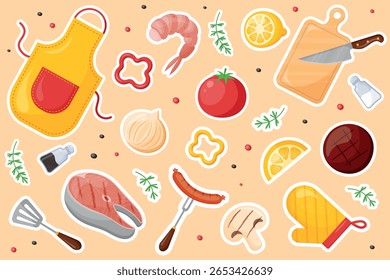 Coleção de adesivos para churrasco. Grill partido set.Decorations para café e restaurante theme.Apron, ferramentas de cozinha, bife de peixe, tomate, pimenta, luva de forno, camarão, molho, salsicha, alecrim. Ilustração vetorial.