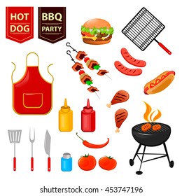 BBQ. Summer barbecue party. Set of flat icons with grilled chicken drumsticks, hot dog, meat and sauces Oktoberfest vector illustration