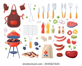 Objetos de fiesta de verano de barbacoa. Elementos de barbacoa, carne a la parrilla, ingredientes, muebles de picnic, utensilios de cocina, delantales y portabolsas, carbón para la cocina al aire libre ilustración plana de dibujos animados, vector set