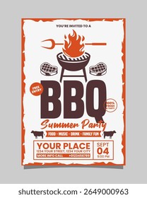 Retrato de festa de verão de churrasco flyer vertical ou modelo de vetor de pôster, design de convite para churrasco