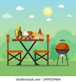 BBQ summer party vector illustration. Barbecue food is on the wooden table. Grill picnic with tasty meal on the sunny field near the forest