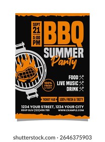 BBQ Summer Party vertical portrait flyer, BBQ invitation poster vector template design