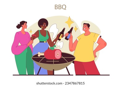 BBQ summer party. Young characters grilling meat outside, having fun together. Backyard picnic on a weekend. Group of friends standing by a grill drinking beer. Flat vector illustration