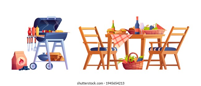 Bbq, table with food and drinks isolated. Vector served desk with fruits and vegetables, hamburger, wine and beer, two chairs and grilling machine with pot, logs, coal and mustard ketchup sauces