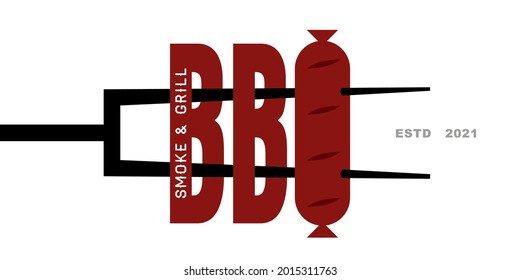 BBQ text on black fork for barbecue or grill. The letter Q is shaped like a grilled sausage. Logo or symbol template 