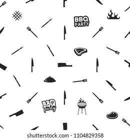 BBQ thematic seamless design. Barbecue pattern for summer barbeque prints on any identity, apparel, clothing. Featuring Kitchen tool, meat, typography elements. Stock vector.