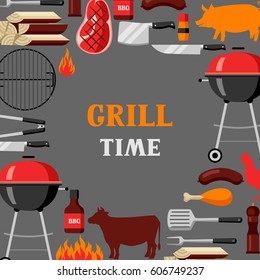 Bbq time background with grill objects and icons.