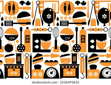 BBQ time food and utensil seamless pattern of grill and barbecue meat and vegetable. Meat kebab or shashlik and barbeque vegetable skewer