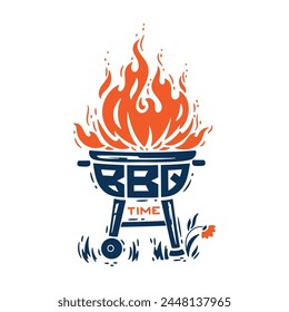 BBQ Time. Grill Barbecue Party. Portable Charcoal Grill with Fire Flames. Vector illustration. 