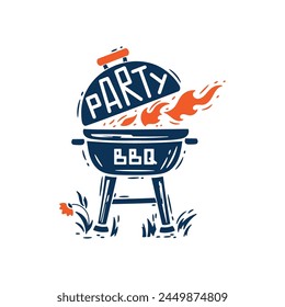 BBQ Time. Grill Barbecue Party. Portable Charcoal Grill with Fire Flame. Vector illustration