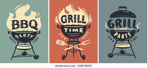 BBQ time, grill party retro poster set. Summer barbecue picnic. Cookout grilled food vector illustration