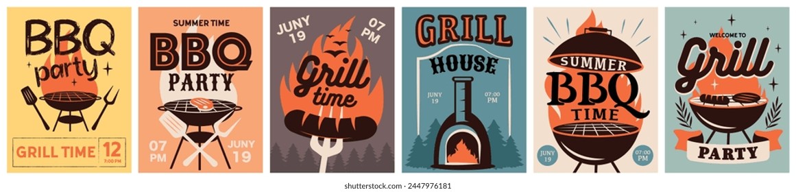 BBQ time, grill party retro poster set