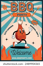Hora de la barbacoa, fiesta a la parrilla cartel retro. Carácter divertido pollo asado en estilo groovy. Ilustración vectorial de comida a la parrilla. Ilustración vectorial