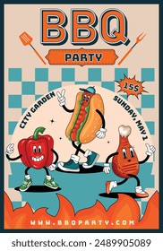 BBQ time, grill party retro poster. Funny character hotdog, grilled chicken and red pepper groovy style. Cookout grilled food vector illustration. 