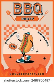 Grillzeit, Grillparty Retro-Poster. Lustiger Charakter-Hotdog im groovigen Stil. Vektorillustration mit Grillkost. Vektorillustration