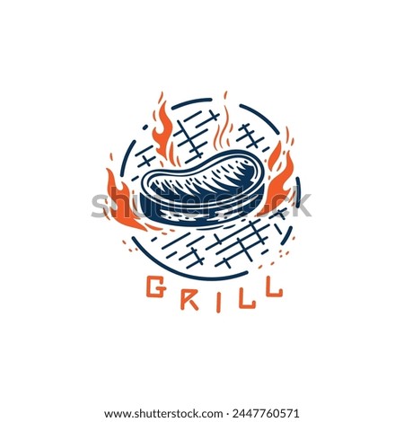 BBQ Time. Grill Steak Barbecue. Grilled Meat with Fire Flames. Vector illustration.