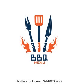 BBQ Time. Grill Tools with Fire Flames. Barbecue Fork, Spatula, Knife. Vector illustration.