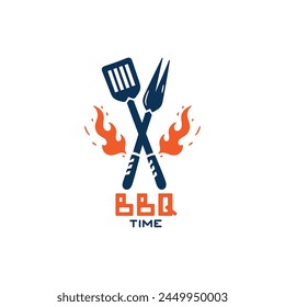 BBQ Time. Grill Tools with Fire Flames. Barbecue Fork and Spatula. Vector illustration.