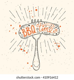 BBQ time. Hand drawn vector illustration with orange ink blob. Lettering. Quote. Modern calligraphy. T-shirt, poster, banner, badge, emblem, sticker, placard, motivation.