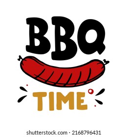 BBQ time hand-drawn inscription slogan food court emblem menu restaurant bar cafe Vector grilled sausages