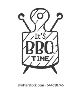 It is bbq time. Hipster logo and emblem of a restaurant barbecue on the background of a cutting board and skewers. Templates isolated on white background. Steak house restaurant menu design element