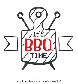 It is bbq time. Hipster logo and emblem of a restaurant barbecue on the background of a cutting board and skewers. Vector templates isolated on white background. 