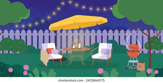 Bbq time. Night summer grill in garden. Cozy evening with lantern, barbecue food on backyard. Weekend resting or dating, racy vector scene