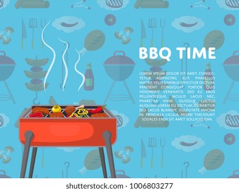 BBQ time poster with grilled meat and vegetables. Garden barbecue picnic, traditional family weekend food preparation. Outdoor cooking equipment with assorted delicious food vector illustration.