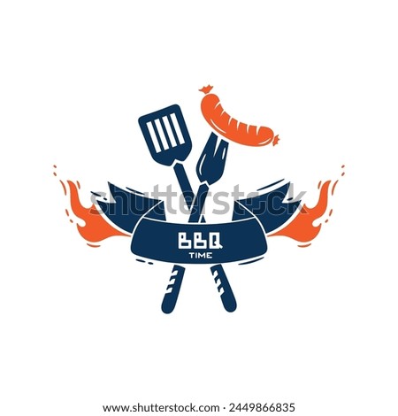 BBQ Time. Ribbon Banner with Fire Flames and Grill Tools icon. Sausage on a Barbecue Fork with Spatula. Vector illustration.