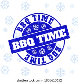 BBQ Time round stamp seal on winter background with snowflakes. Blue vector rubber imprint with BBQ Time text with scratched texture for Xmas. Scratched text seal watermark with corroded texture.