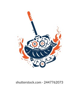 BBQ Time. Seafood. Grill Fish Barbecue. Grilled Fish and Vegetables with Fire Flames. Vector illustration.