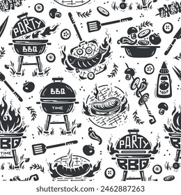 BBQ Time. Seamless Food Pattern of Portable Charcoal Grill and Barbecue Meat and Vegetable. Meat Kebab or Shashlik and Barbeque Vegetable Skewer. Hand drawn. Vector