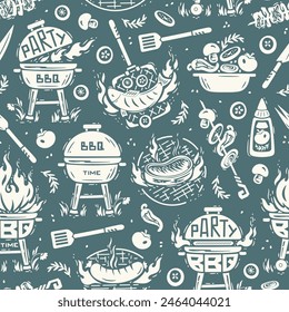 BBQ Time. Seamless Food Pattern of Portable Charcoal Grill and Barbecue Meat and Vegetable. Meat Kebab or Shashlik and Barbeque Vegetable Skewer. Handmade. Hand drawing. Not AI. Vector