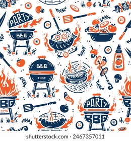 BBQ Time. Seamless Food Pattern of Portable Charcoal Grill and Barbecue Meat and Vegetable. Meat Kebab or Shashlik and Barbeque Vegetable Skewer. Handmade. Hand drawing. Not AI. Vector