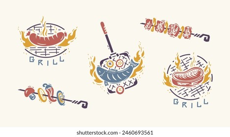 Hora de barbacoa. Juego de Barbacoa de Comida a la Parrilla. Filete, Pescado, Salchicha. Kebab de carne o pincho de verduras Shashlik y barbacoa. Hecho a mano. Dibujo a mano. No la IA. Ilustración vectorial