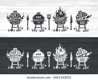 BBQ Time Set. Grill Barbecue Party. Portable Charcoal Grills with Fire Flame. Grill Tools. Barbecue Fork, Spatula, Knife. Handmade. Hand drawing. Not AI. Black and white Vector illustration.