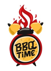BBQ Time. Sticker, Badge, Logo. Alarm Clock With Fire. Hand Lettering. Drawn Text On White Background. Vector Illustration.