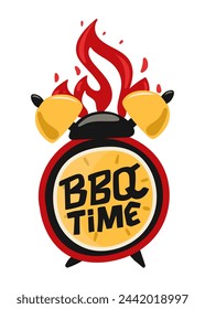 BBQ Time. Sticker, badge, logo. Alarm clock with fire. Hand lettering. Drawn text on white background. Vector illustration.