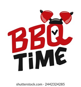BBQ Time. Stylized sign, sticker, badge, logo silhouette alarm clock. Hand lettering. Drawn text on white background. Vector illustration