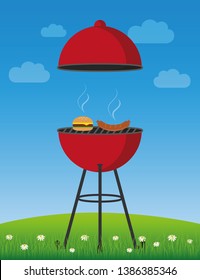 bbq time in summer red kettle barbecue with sausage and burger vector illustration EPS10