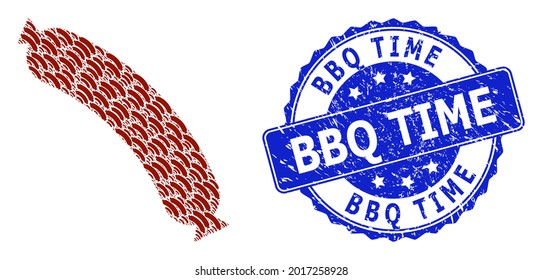 BBQ Time textured round stamp seal and vector recursive mosaic sausage. Blue stamp contains BBQ Time title inside round shape. Vector mosaic is made of repeating sausage pictograms.