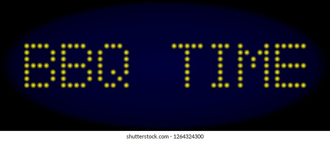 BBQ Time title in LED style with round glowing pixels. Vector shiny yellow letters forms BBQ Time title on a dark blue background. Digital font with round elements.