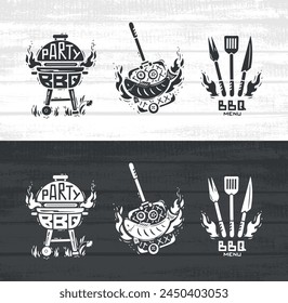 BBQ Time Vector Set. Grill Barbecue Party. Portable Charcoal Grill with Fire Flame. Seafood. Grilled Fish and Vegetables. Barbecue Fork, Spatula, Knife. Black and white Vector illustration. 