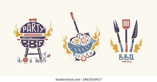 Juego de Vector de tiempo de barbacoa. Parrilla Barbacoa Fiesta. Parrilla de carbón portátil con llama de fuego. Mariscos. Pescado y verduras a la parrilla. Tenedor de barbacoa, espátula, cuchillo. Hecho a mano. Dibujo a mano. No la IA. Vector